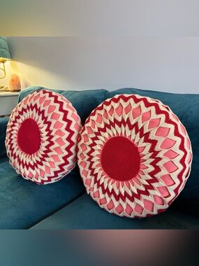 Set Of 2 1970s Handmade Pink and Red Round Crochet Throw Pillows